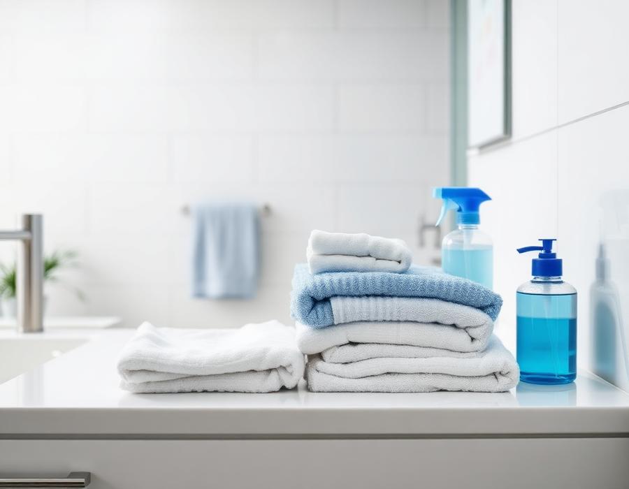 Folded towels and cleaning supplies