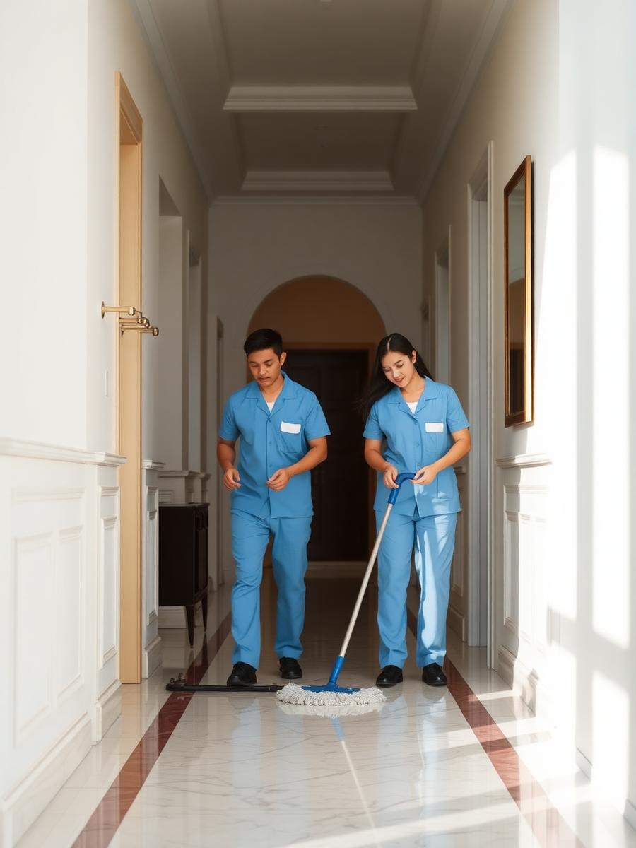 Cleaning professional mopping a Dubai villa hallway